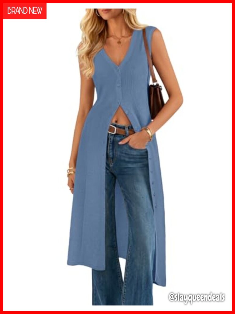 Women Sleeveless Long Cardigan V Neck Oversized Button Knit Duster Vest Beach